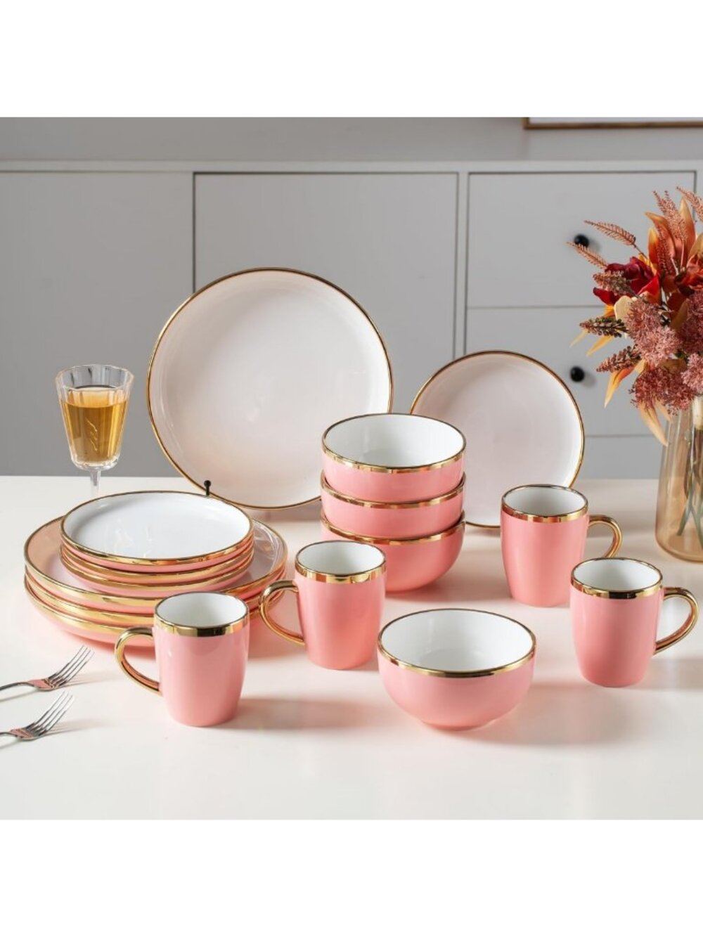 Luxury Pink and Gold Dinnerware Set for 4 | 16-Piece Modern Plates & Bowls
